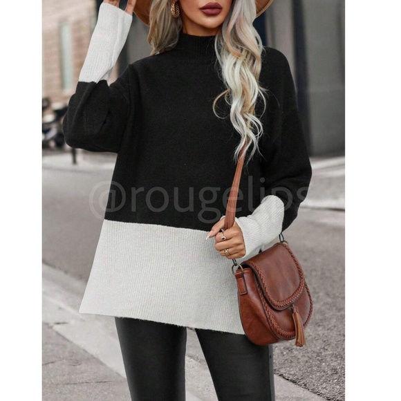 2 Tone Colorblock Sweater Pullover Black & Off White Knit Long Sleeve Side Slits - Picture 2 of 8